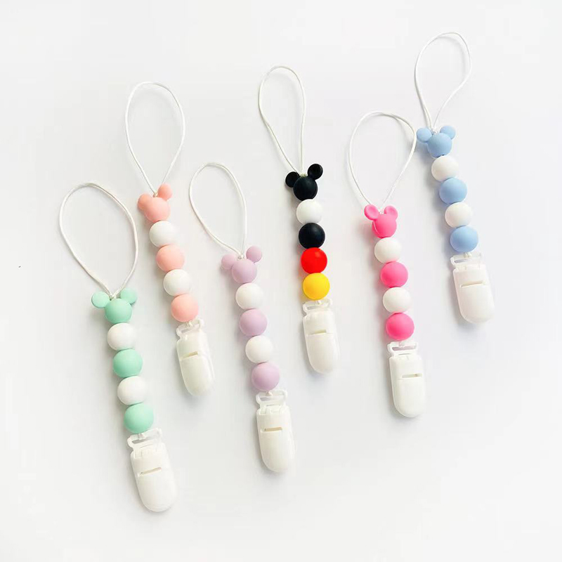 BPA Free Anti-falling Beech Wood Silicone Bead Teething Relief Teether Toy Baby Dummy Nipple Pacifier Holder Clip Chain